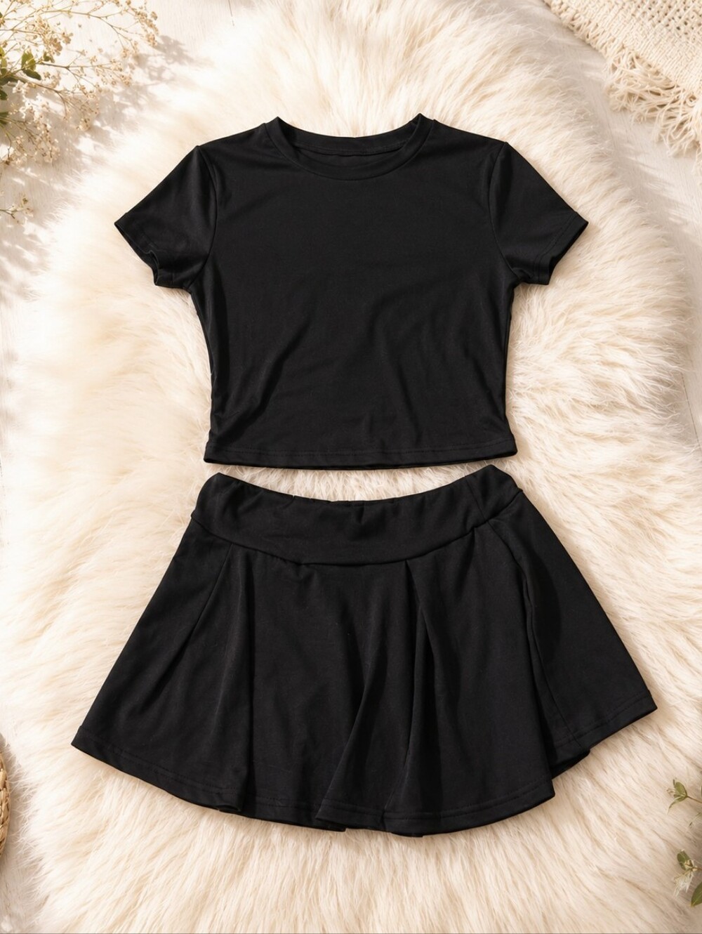 Kids Black Short Sleeve Crop Top & Skirt Set